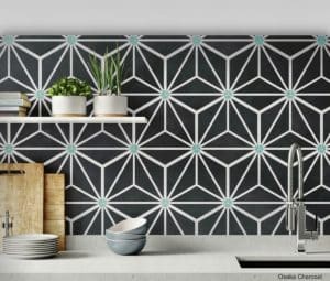 Bold geometric patterned tiles in a kitchen backsplash, adding visual interest and style—perfect for making your space feel more inviting.