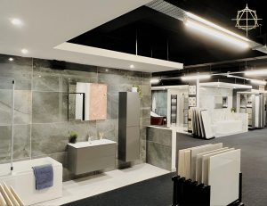 Spacious bathroom showroom featuring various tile displays, modern fixtures, and design setups for renovation ideas.